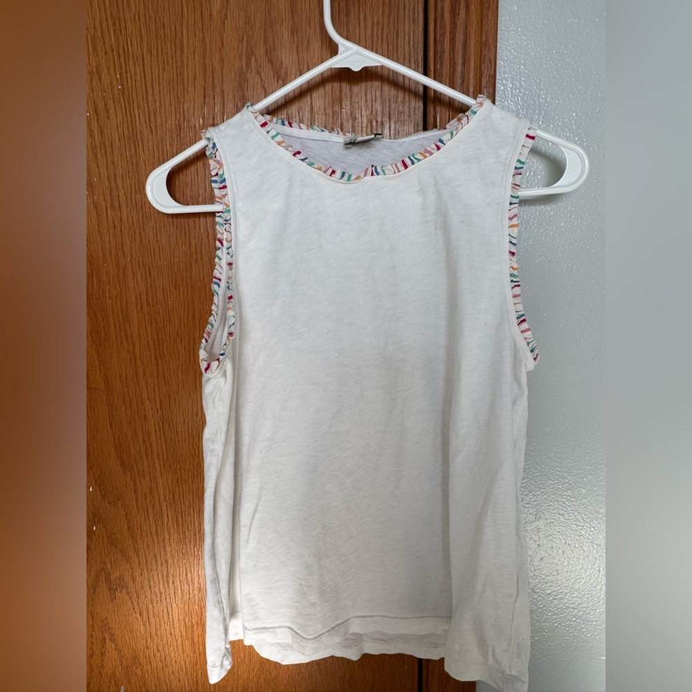 J. Crew, white sleeveless shirt, size MED w multicolor, ruffle trim-neck/sleeve
